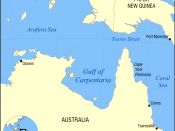 English: Map showing the location of the Gulf of Carpentaria in northern Australia. Nearby bodies of water include the Arafura Sea and Coral Sea.