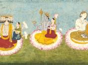 Brahma, Vishnu and Shiva seated on lotuses with their consorts, Saraswati, Lakshmi and Paravati respectively. ca 1770. Guler, India.