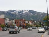 Downtown Steamboat Springs at the end of May; the mountain has still large patches of snow; original title: 