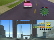 Hit & Run (top) and Grand Theft Auto III (bottom). Hit & Run, inspired by the Grand Theft Auto series, shares some similarities with the game, including the radar, and a strong focus on its driving aspect.