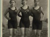 English: Young women swimmers with competition medals circa 1920