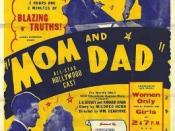 Poster for Babb's production of Mom and Dad, showing some of the rhetorical devices Babb would use to stir up controversy