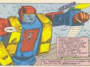 Circuit Breaker leads a giant Autobot she created from parts of other Autobots against the Decepticon Battlechargers in Marvel's Transformers comics