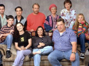 The cast of Roseanne. (from top left to top right) Glenn Quinn as Mark Healy, Johnny Galecki as David Healy, Martin Mull as Leon Carp, Estelle Parsons as Beverly Harris and Laurie Metcalf as Jackie Harris. (From bottom left to bottom right) Michael Fishma