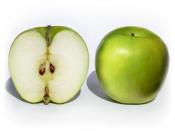 A pair of Granny Smith apples Malus x. domestica showing a cross-section and whole fruit.