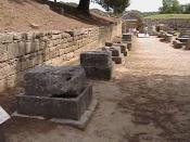 The Bases of Zanes at Olympia, Greece. Statues of Zeus were erected on these bases, paid for by fines imposed on those who were found to be cheating at the Olympic Games. The names of the athletes were inscribed on the base of each statue to serve as a wa