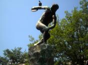 English: Discus Thrower, a replica of Discobolus, located at 22nd Street and Virginia Avenue, NW in the Foggy Bottom neighborhood of Washington, D.C., United States. The sculpture was a gift from the Italian government for U.S. assistance in recovering pi