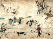 A Kiowa ledger drawing possibly depicting the Buffalo Wallow battle in 1874, a fight between Southern Plains Indians and the U.S. Army during the Red River War.