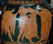 The rape of Leto by Tityos: Apollo (on the left), his bow and quiver hanging behind him, tries to stop Tityos while Artemis, holding a bow and a arrow, motions him to stop. Side A from an Attic red-figure amphora, ca. 515 BC. From Vulci.
