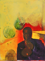 Louis Armstrong. Handcolored etching and Photogravure Satchmo (Louis Armstrong) by Adi Holzer 2002 (Work number 899). It is a part of the Zyklus Mythos 2 from the year 2002.