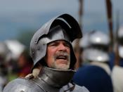English: A Knight in a re-enactment of the Battle of Tewkesbury. The battle took place on 4 May 1471 and was one of the decisive battles of the Wars of the Roses. The forces loyal to the House of Lancaster were completely defeated by those of the rival Ho