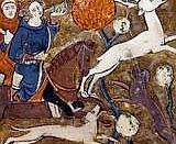 The hunting of the White Stag, from a mediaeval manuscript