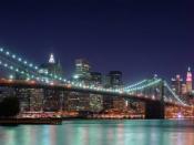 The Brooklyn Bridge and Financial District of Manhattan, in New York City.