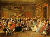 The picture shows a gathering of distinguished guests in the drawing-room of French hostess Marie-Thérèse Rodet Geoffrin (1699-1777) who is seated on the right. There is a bust of Voltaire in the background.