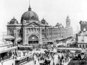 Flinders Street Station, located at the intersection of Flinders Street and Swanston Streets, 1927.