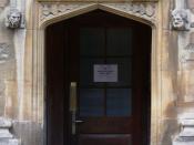 Doorway to the Schola Moralis Philosophiae (School of Moral Philosophy) in the Old School's Quadrangle of the Bodleian Library, University of Oxford. One of six former lecture rooms on the ground level of the quadrangle. They were taken over by the Bodlei
