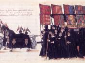 Funeral of Elizabeth I of England. The casket of the queen is accompanied by mourners bearing the heraldic banners of her ancestors' coats of arms marshalled (side-by-side) with the arms of their wives.