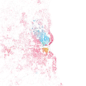 Fisher was astounded by Bill Rankin's map of Chicago's racial and ethnic divides and wanted to see what other cities looked like mapped the same way. To match his map, Red is White, Blue is Black, Green is Asian, Orange is Hispanic, Gray is Other, and eac