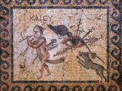 Attacking the evil eye: The eye is pierced by a trident and sword, pecked by a raven, barked at by a dog and attacked by a centipede, scorpion, cat, snake. A horned dwarf with gigantic phallus crosses two sticks. Roman mosaic from Antiochia, House of the 