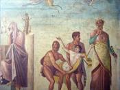 Iphigeneia carried to the sacrifice (centre) while the seer Calchas (on the right) watches on and Agamemnon (on the left) covers his head in sign of deploration. In the sky, Artemis appears with a hind which will be substituted to the young girl. Fresco o