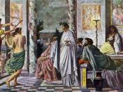 English: Anselm Feuerbach (1829-1880) painted this scene from Plato's Symposium in 1869. It depicts the tragedian Agathon as he welcomes the drunken Alcibiades into his house.