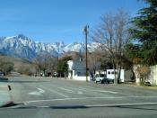 English: Lone Pine, California, is close to Mount Whitney (the peak just left of the Mountain Monogram, access via pictured Whitney Portal), as well as the scenic Alabama Hills