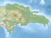 Physical Location map Dominican Republic with Provinces, Equirectangular projection, N/S stretching 105 %. Geographic limits of the map: N: 20.3° N S: 17.2° N W: 72.2° E O: 68.2° E