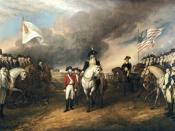 This painting depicts the forces of British Major General Charles Cornwallis, 1st Marquess Cornwallis (1738-1805) (who was not himself present at the surrender), surrendering to French and American forces after the Siege of Yorktown (September 28 – Octobe