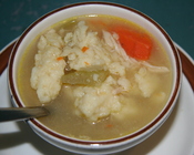 English: A bowl of chicken and dumplings with vegetables served at Nicoll's Cafe, 255 Main Street, Pine City, Minnesota