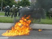 A Molotov cocktail that hit the ground near police personnel in Rostock, Germany during a demonstration against the 2007 G8 summit in Heiligendamm.