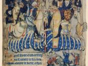 Duke William of Normandy, the Conqueror, stabs King Harold of England at the Battle of Hastings as they fight on horseback. England chronicle in French of circa 1280-1300 at British Library.