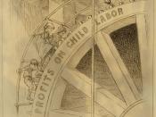 English: Cartoon marked New York World shows children turning a wheel labeled 