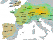 Overview map of the Hallstatt (yellow) and La Tène (green) cultures the Hallstatt culture. after Atlas of the Celtic World, by John Haywood; London Thames & Hudson Ltd., 2001, pp.30-37.