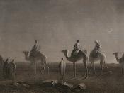 Star of Bethlehem, Magi - wise men or wise kings travel on camels with entourage across the deserts to find the savior, moon, desert, Holy Bible, Etching, 1885
