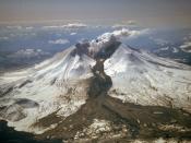 English: Mount St. Helens erupted often between 1980 and 1986. An explosive eruption on March 19, 1982, sent pumice and ash 9 miles (14 kilometers) into the air, and resulted in a lahar (the dark deposit on the snow) flowing from the crater into the North