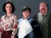 From left to right: Fiona Shaw as Aunt Petunia, Harry Melling as Dudley, and Richard Griffiths as Uncle Vernon in the film adaptation of Harry Potter and the Prisoner of Azkaban.