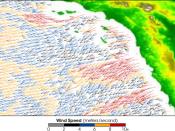QuikSCAT image of the Santa Ana Winds, showing wind speed (m/sec). The image shows strong winds blowing offshore all along the Southern California coast. The fastest winds are indicated in red, with orange, blue, black, and gray representing progressively