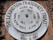 English: This image shows a monument in Lexington, Virginia to the three college fraternities that trace their roots to that town. It is said that the reason Sigma Nu is the name on the top of the triad marker is because Sigma Nu Fraternity, Inc. paid for