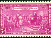 English: US Postage Stamp depicting delegates at the signing of the US Constitution.