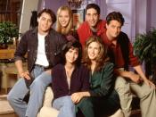 Friends cast in first season. Front: Cox, Aniston. Back: LeBlanc, Kudrow, Schwimmer, Perry.