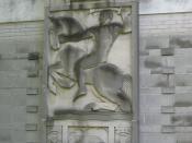 English: Stone carving from the Old Globe and Mail Building at the Guild Inn