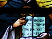 English: Saint Thomas Aquinas (1225-1274) stained glass window. Cathedral of Saint-Rombouts, Mechelen (Belgium). In the book an extract of St. Thomas's hymn Pange lingua (
