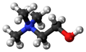 Ball-and-stick model of the choline cation, a water-soluble essential nutrient. The nitrogen atom has a positive charge. Colour code (click to show) : Black: Carbon, C : White: Hydrogen, H : Red: Oxygen, O : Blue: Nitrogen, N