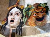 Theatrical masks of Tragedy and Comedy. Mosaic, Roman artwork, 2nd century CE.