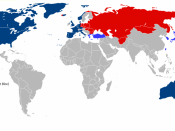 A map of the alignment of nations during a hypothetical World War Three as seen in Red Storm Rising, by Tom Clancy