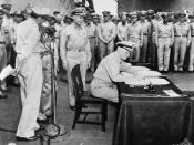 English: AWM caption: Tokyo Bay -- Surrender of Japanese aboard USS Missouri. Admiral Chester Nimitz, representing the United States, signs the instrument of surrender.