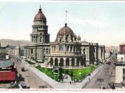 Postcard of pre-earthquake San Francisco City Hall, Hall of Records and Mechanics Pavilion from McAllister Street and City Hall Avenue. circa 1900
