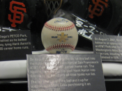 English: Barry Bonds' 756th home run ball in the Baseball Hall of Fame, with the asterisk branded on it by Mark Ecko.