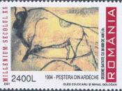 English: 1966 Romanian Post; 2400 Leu; multicolored; representing Steppe Wisent - Bison priscus - Chauvet Cave Cave painting; Series - Millenium; Design - Oleg Cojocaru and Mihail Gologan