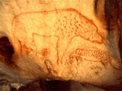 English: Cave hyena (Crocuta crocuta spelaea) painting found in the Chauvet cave and made public on January 17, 1995, by the Minister of Cultur Jacques Toubon (Source: Gutenberg.org) ; now known to be 32,000 year old.